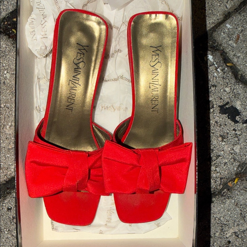Yves Saint Laurent Red Mules with Bow Accent